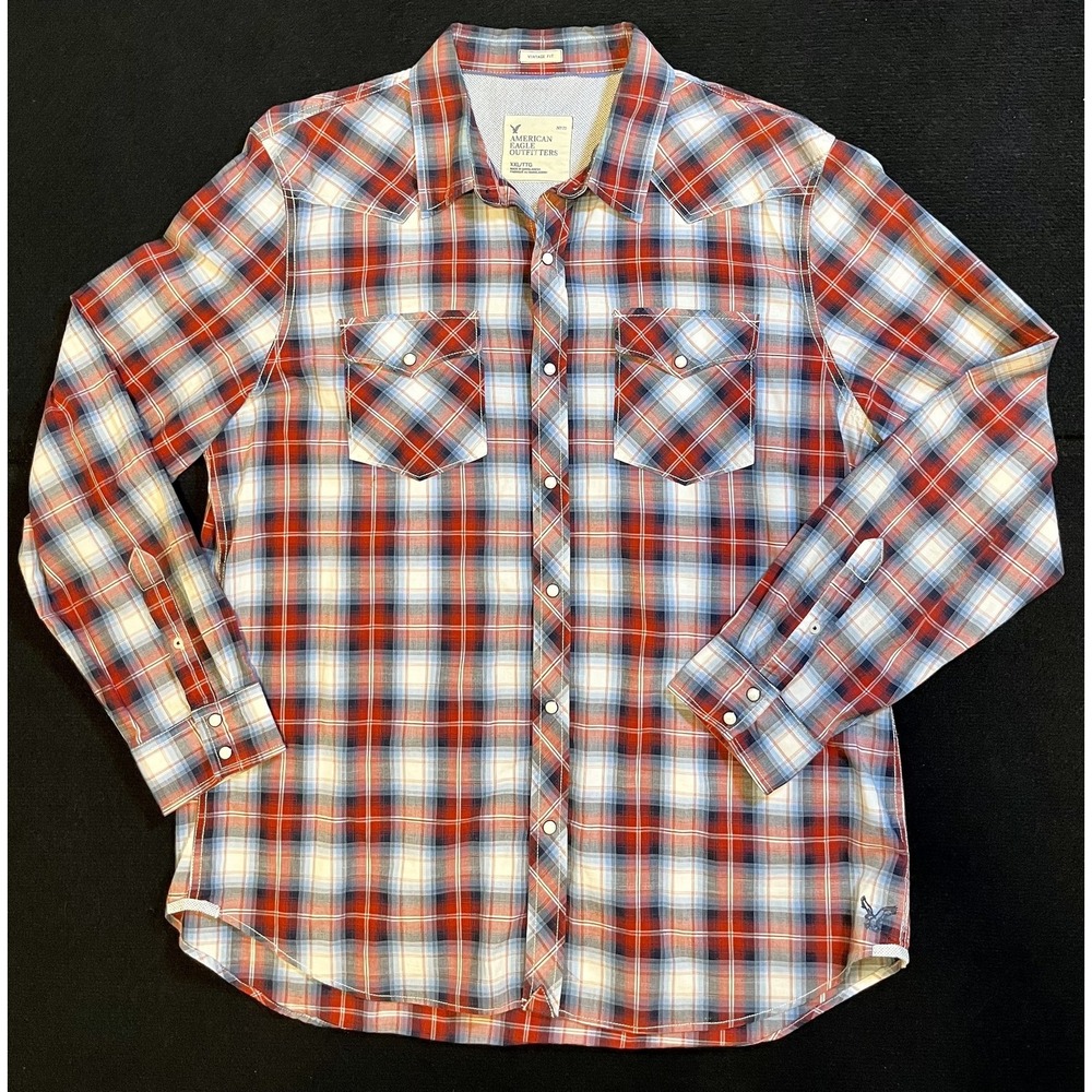 American Eagle Outfitters Shirt‎ Mens 2XL Red Plaid Western Pearl Snap Sleeve